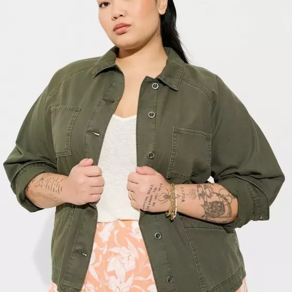 torrid Olive Green Utility Jacket - Button-Front Workwear Style